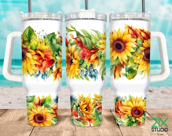 Adesivo para Copo Térmico de 1,2L com Girassol Colorido - Arquivo PNG para Sublimação com Estampa Floral para Copos de 1,2L