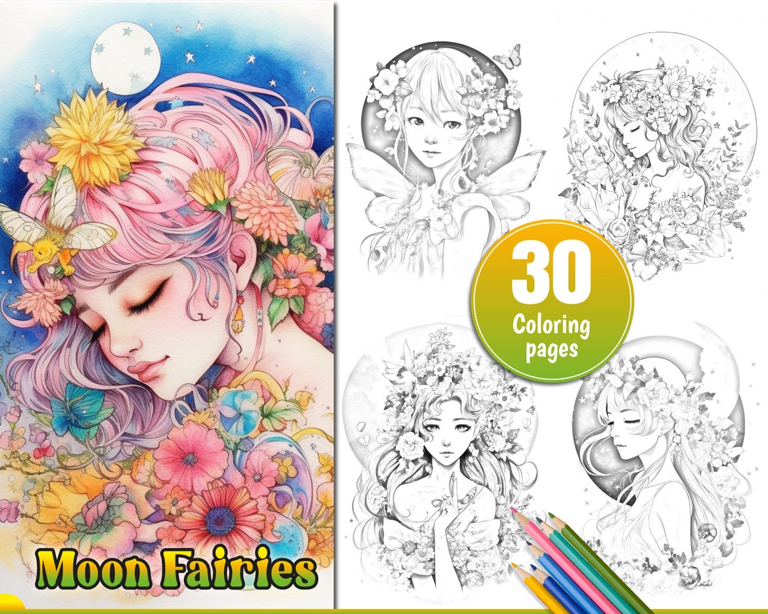 30 Moon Fairies Coloring Pages for Adults Fantasy, Fairy Grayscale