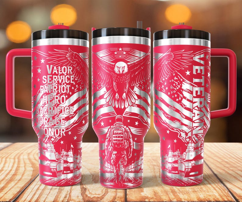 Veteran Eagle 40oz Tumbler Wrap Laser, Patriotic Military USA Laser engraving Quencher Tumbler laser rotary SVG and PNG Files.