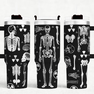 May include: A black stainless steel tumbler featuring a white skeleton and other anatomical illustrations. The tumbler has a handle and a lid.
