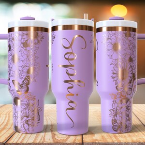 Add Name Flowers and butterflies 40oz Tumbler Wrap Laser SVG Files, Flower Laser engraving Quencher Seamless Tumble.