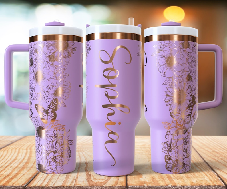 Add Name Flowers and butterflies 40oz Tumbler Wrap Laser SVG Files, Flower Laser engraving Quencher Seamless Tumble.