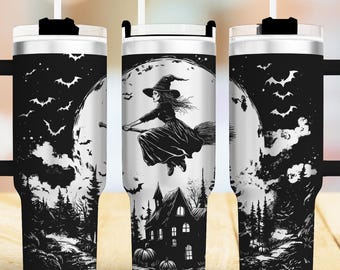File SVG per rivestimento laser di bicchiere da 40 oz con strega, file per incisione laser rotativa di bicchiere senza cuciture per Halloween, progetto artigianale.