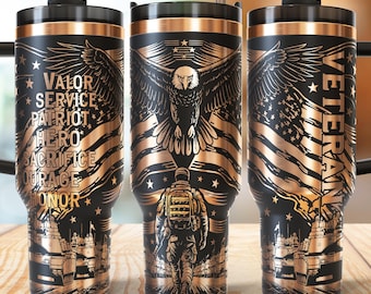 Veteran Eagle 40oz Tumbler Wrap Laser, Patriotic Military USA Laser engraving Quencher Tumbler laser rotary SVG and PNG Files.