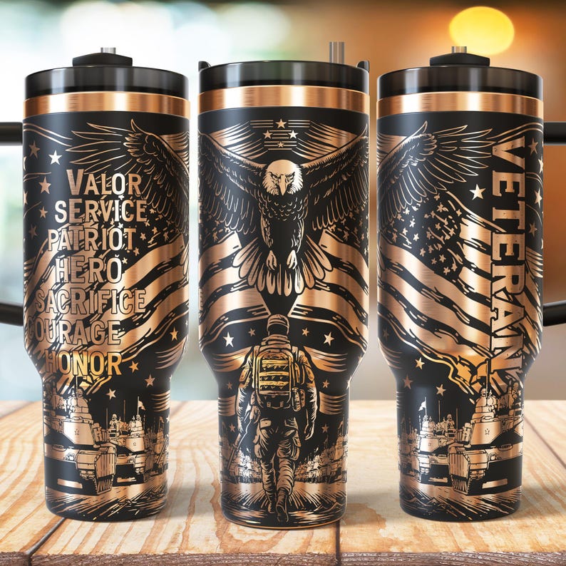 Veteran Eagle 40oz Tumbler Wrap Laser, Patriotic Military USA Laser engraving Quencher Tumbler laser rotary SVG and PNG Files.