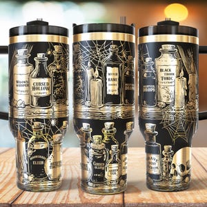 Envoltura para vaso de 40 oz de pociones de boticario de bruja, grabado láser de brebaje de bruja, vaso extintor, archivos SVG y PNG rotativos con láser.