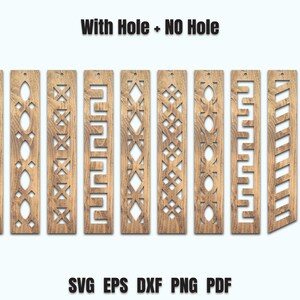May include: Ten different wood cut-out designs with and without holes. The designs include geometric patterns, stripes, and a simple line.  The wood is a light brown color.  SVG EPS DXF PNG PDF.