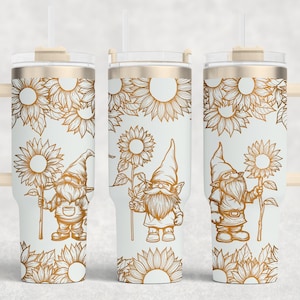 Gnomos e girassóis, arquivo SVG para embrulhar copo a laser de 40 oz, copo sem costura, arquivos gravados a laser rotativos para copo de gnomos, projeto de artesanato.