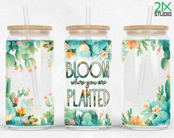 Teacher 16oz Libbey Glass Can wrap sublimation Bloom where you are planted Succulents Libby SEAMLESS Glass Can Design PNG Files