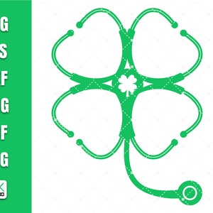 Pode incluir: Design de trevo de quatro folhas verde feito com um estetoscópio. O estetoscópio tem a forma de um trevo com um pequeno trevo no centro.