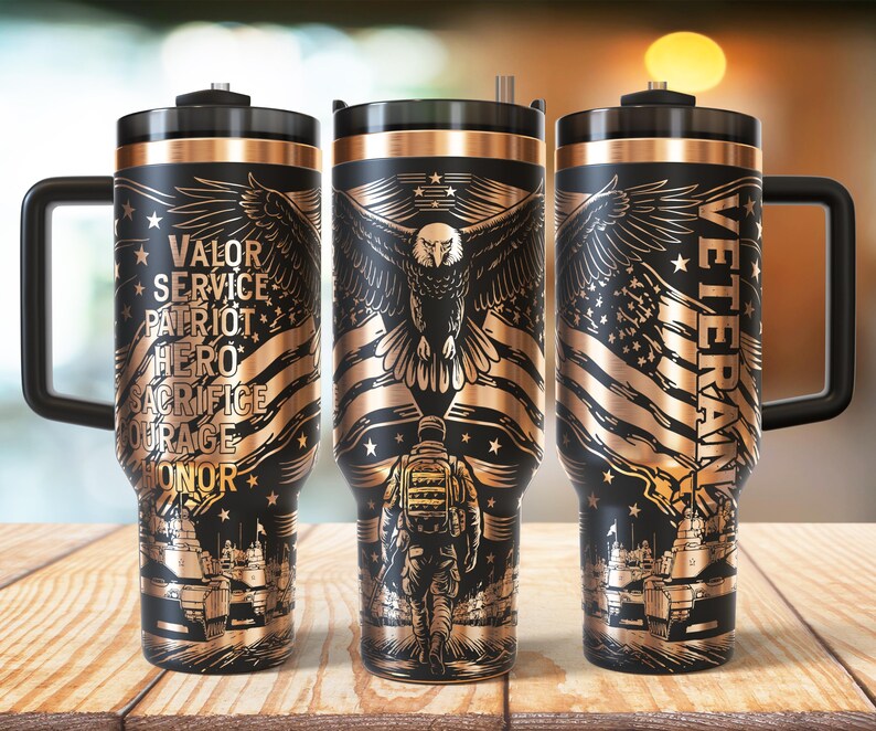 Veteran Eagle 40oz Tumbler Wrap Laser, Patriotic Military USA Laser engraving Quencher Tumbler laser rotary SVG and PNG Files.
