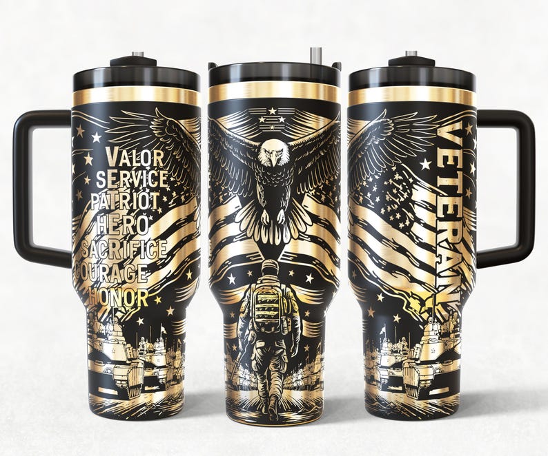 Veteran Eagle 40oz Tumbler Wrap Laser, Patriotic Military USA Laser engraving Quencher Tumbler laser rotary SVG and PNG Files.