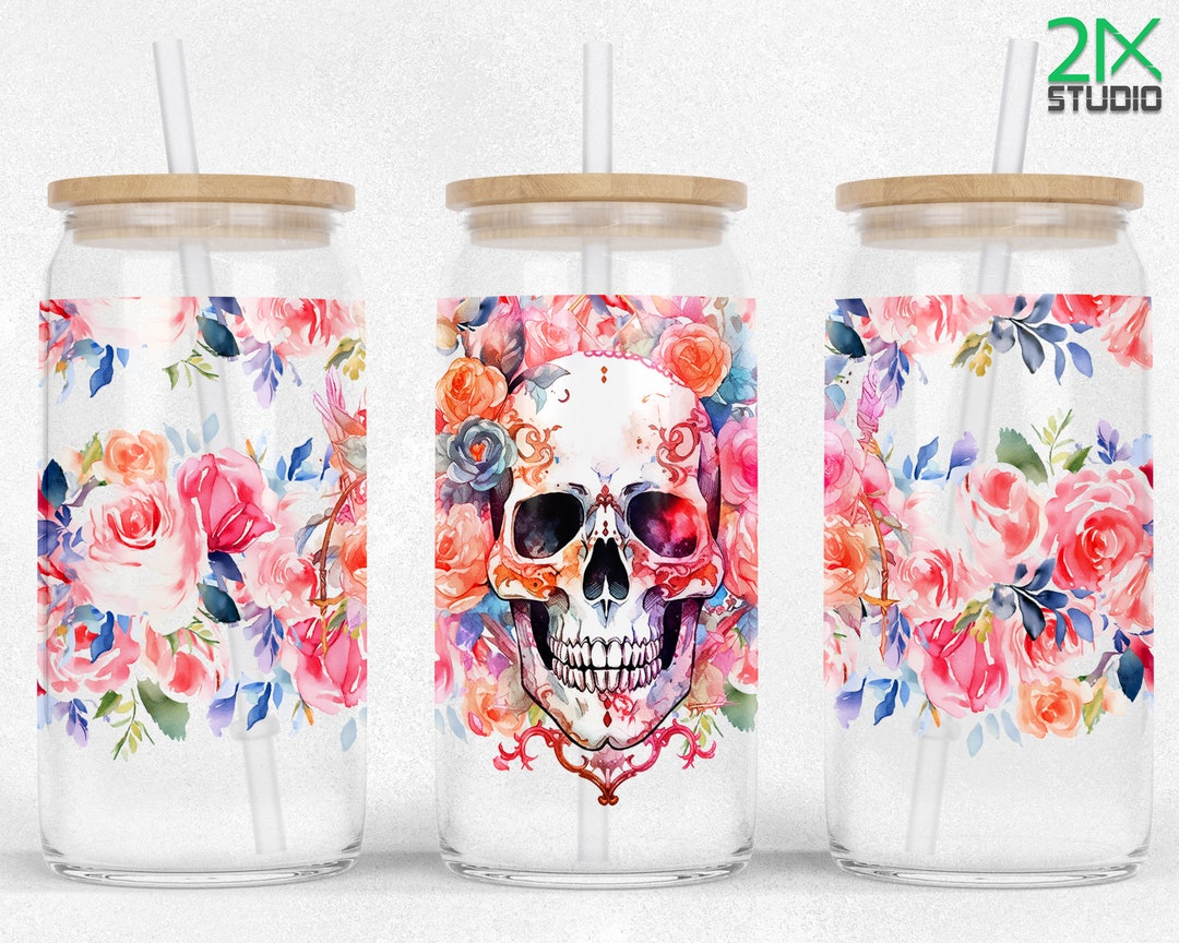 Gothic Skulls Roses 16oz Libbey Glass Can Wrap Sublimation, Halloween ...