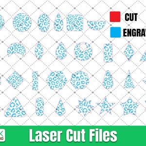May include: A set of 20 laser cut files featuring various shapes with a blue and white leopard print design. The shapes include circles, ovals, crescents, squares, rectangles, triangles, stars, and hexagons. The files are labeled "CUT" and "ENGRAVED".