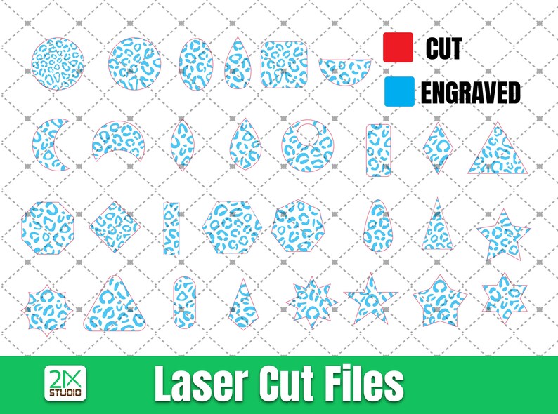 May include: A set of 20 laser cut files featuring various shapes with a blue and white leopard print design. The shapes include circles, ovals, crescents, squares, rectangles, triangles, stars, and hexagons. The files are labeled "CUT" and "ENGRAVED".