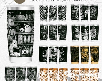 Halloween Laser Engraving Bundle | 20oz & 30oz Tumbler Wraps | Spooky Ghost, Pumpkin, Witch, and Book Scene Engraving Files.