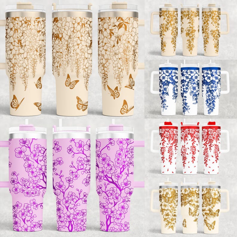 Floral Engraving Wraps for 40oz Tumbler | Climbing Flowers Laser File 6 Bundle | Elegant Vine and Butterfly Design for Laser Rotary