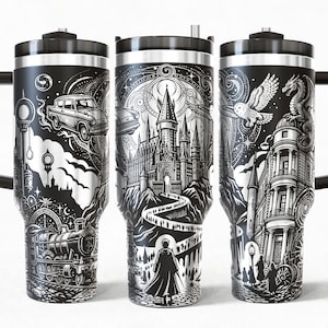 May include: A black and white stainless steel tumbler featuring detailed illustrations of a castle, a steam locomotive, a flying car, an owl, and a dragon. The design includes a figure in a cloak walking toward the castle, all topped with a black lid.