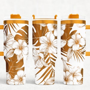 Tumbler da 40 oz con motivo floreale tropicale, file SVG laser, design senza cuciture per tumbler, file incisi al laser per tumbler con foglie tropicali, progetto artigianale.