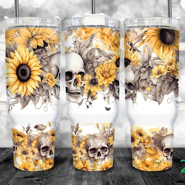 40 oz tumbler png Gothic Skulls Sunflower 40oz Quencher Tumbler with Handle Halloween Sublimation Digital File PNG