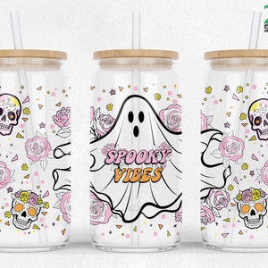 Spooky Vibes 16oz Libbey Glass Can wrap Sublimation Halloween Ghost Libby SEAMLESS Glass Can Design PNG Files