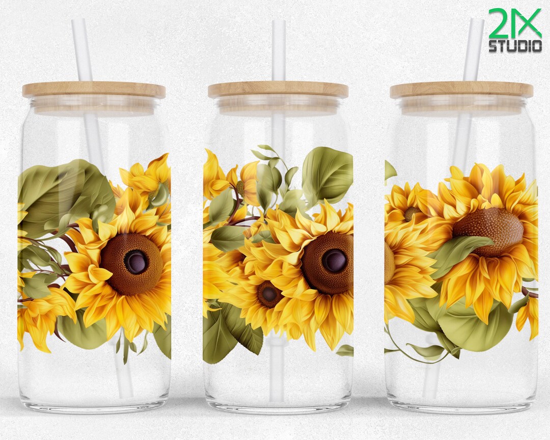 3D Sunflower 16oz Libbey Glass Can Wrap Sublimation, Halloween Libby ...