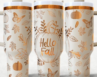 Hello Fall 40oz Tumbler wrap laser SVG Files, Autumn Pumpkin Tumbler Seamless Designs laser Rotary engraved files Craft Project.