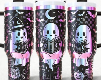 Spooky Ghost Reading Books Halloween Tumbler Wrap Laser Engraved 40oz SVG and PNG Files.