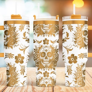 40 oz Sugar Skulls Tumbler Wrap Design - Fichier SVG sans couture Dia de los Muertos pour gravure laser sur verres Stanley