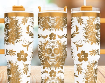 40 oz Sugar Skulls Tumbler Wrap Design - Dia de los Muertos Seamless SVG File for Laser Engraving Stanley Tumblers