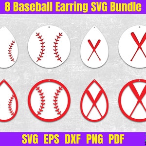 May include: A collection of eight baseball earring designs in SVG format. The designs include baseballs and crossed bats in white and red. The text "8 Baseball Earring SVG Bundle" is at the top, and "SVG EPS DXF PNG PDF" is at the bottom.