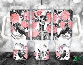 40 oz tumbler png Pink Skulls Gothic 40oz Quencher Tumbler with Handle Halloween Sublimation Digital File PNG