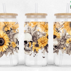 Gothic Skulls Sunflower 16oz Libbey Glass Can wrap sublimation Halloween libby SEAMLESS Glass Can Design PNG Files