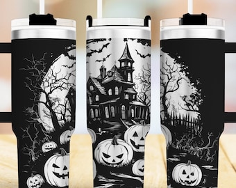 File SVG per la decorazione laser di un bicchiere da 40 oz con tema "Casa stregata di Halloween", file per incisione laser rotativa di bicchieri da Halloween, progetto artigianale.