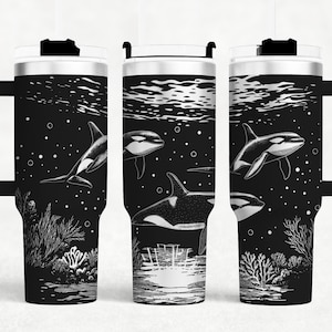 Arquivos SVG para gravação a laser de orcas em copos térmicos de 1,18 litro (40 oz), baleias orcas no oceano, designs rotativos a laser sem emendas para copos térmicos, projeto de artesanato.