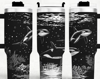 Orcas 40 oz Tumbler Wrap Laser SVG Files, Laser engraving Orcas whales in the ocean, Seamless Tumbler laser rotary designs, Craft Project.