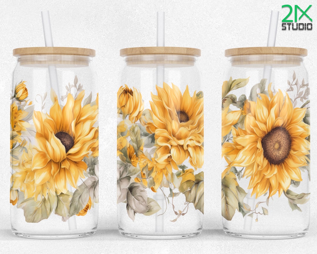 Sunflower 16oz Libbey Glass Can Wrap Sublimation Flowers Libby SEAMLESS ...