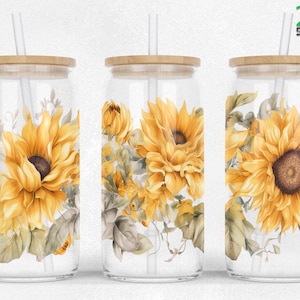 Sunflower 16oz Libbey Glass Can wrap sublimation Flowers Libby SEAMLESS Glass Can Design PNG Files