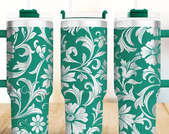 Arquivo SVG para gravação a laser de revestimento floral em couro trabalhado para copo térmico de 1,18 litro (40 oz), design sem emendas, projetos artesanais com arquivos rotativos para gravação a laser em couro trabalhado no estilo faroeste.