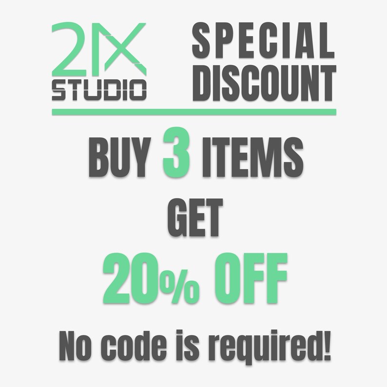 Puede incluir: Gr&aacute;fico promocional con el texto "2X STUDIO SPECIAL DISCOUNT". Ofrece un 20% de descuento al comprar 3 art&iacute;culos. Tambi&eacute;n se incluye el texto "No code is required!"