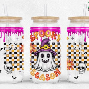 Spooky Vibes Inflated 16oz Libbey Glass Can wrap Sublimation Halloween Libby SEAMLESS Glass Can Design PNG Files