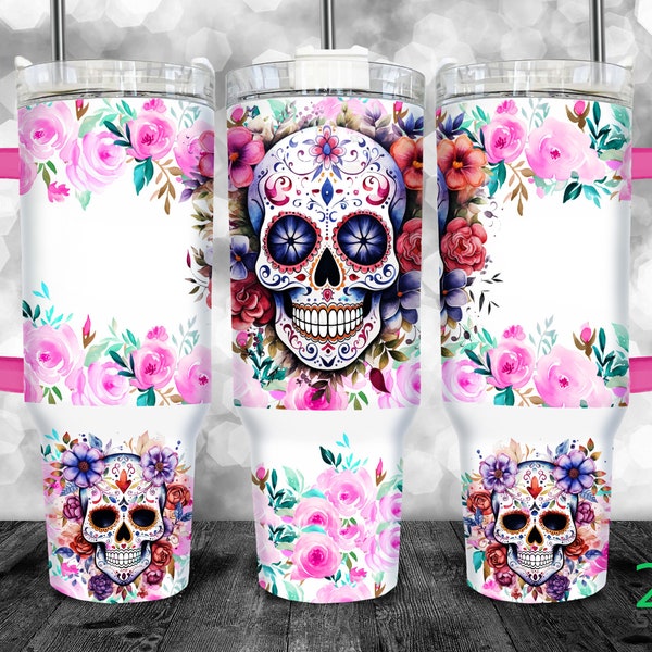 40 oz tumbler png Sugar Skulls 40oz Quencher Tumbler with Handle Halloween Sublimation Digital File PNG