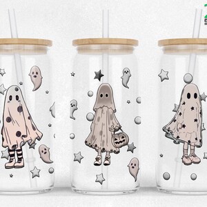 Cute ghost 16oz Libbey Glass Can wrap Sublimation Halloween Libby SEAMLESS Glass Can Design PNG Files