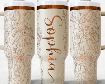 Customize, add name, Floral Flowers Line Art 40oz Tumbler Wrap, Laser Engraving SVG and PNG Files.