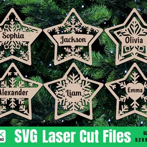 File SVG personalizzati, file laser glowforge, ornamenti natalizi SVG con stelle, decorazioni personalizzate per la famiglia.