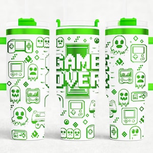 Archivos SVG láser para envolver vasos Gamer de 8 bits y 40 oz, grabado láser, diseño rotatorio de vasos sin costuras para juegos retro, proyecto de manualidades.