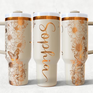 Add Name Flowers and butterflies 40oz Tumbler Wrap Laser SVG Files, Flower Laser engraving Quencher Seamless Tumble.