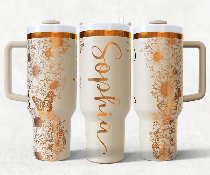 Add Name Flowers and butterflies 40oz Tumbler Wrap Laser SVG Files, Flower Laser engraving Quencher Seamless Tumble.