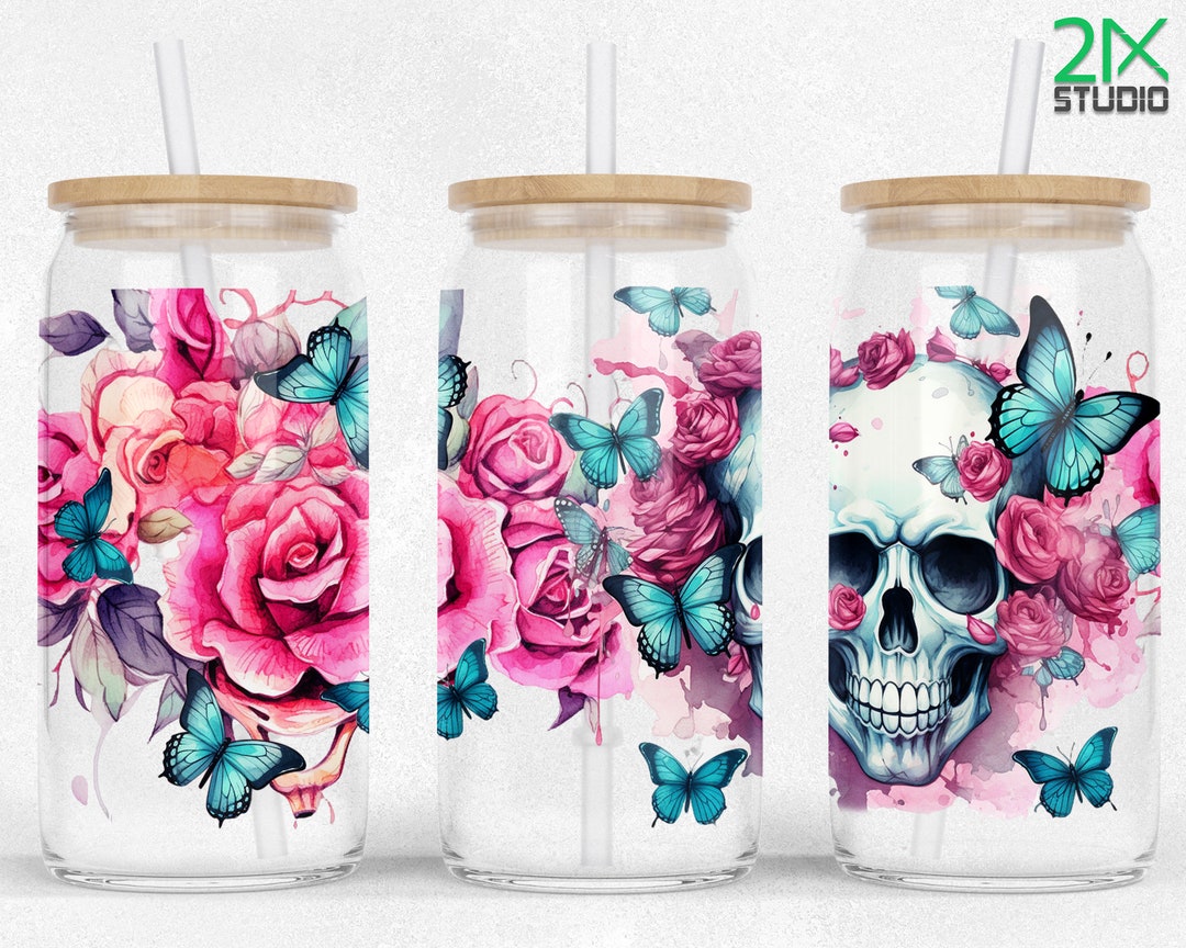 Skulls and Butterflies 16oz Libbey Glass Can Wrap Sublimation Halloween ...