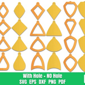 May include: Set of 20 earring templates in SVG, EPS, DXF, PNG, and PDF formats. The templates are in various shapes, including diamonds, triangles, and teardrops. Some templates have a hole in the center, while others do not.